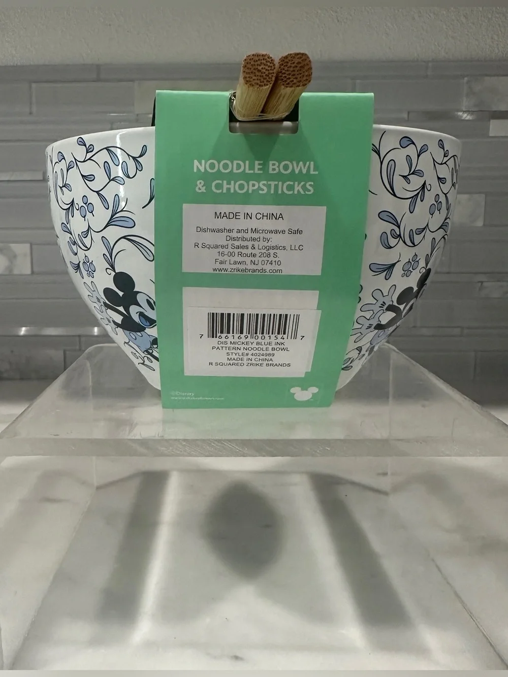 Disney Mickey Mouse Blue Floral Ceramic Noodle Bowl with Chopsticks Set NIB